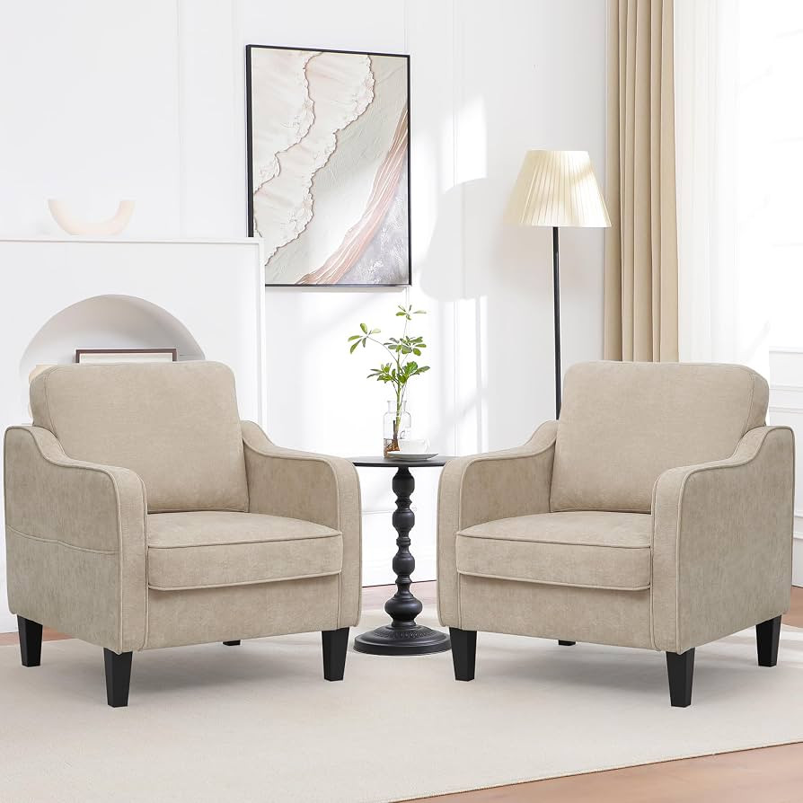 Accent Chairs Set of 2, Upholstered Living Room Chairs with Side Pocket, Mid Century Modern Readi... | Amazon (US)