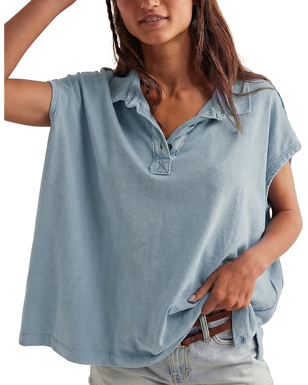 Jenkoon Womens Summer Oversized Short Sleeve Polo Shirts V Neck Henley Tops Soft Cotton Tee Shirt... | Amazon (US)