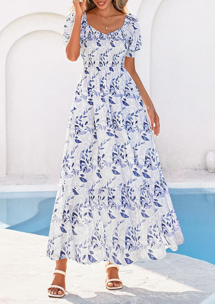 PRETTYGARDEN Women's Floral Boho Maxi Dresses Flowy Short Sleeve A Line Smocked Eyelet 2026 Summe... | Amazon (US)