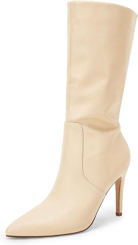 Coutgo Womens Mid Calf Boots Stiletto High Heels Closed Pointed Toe Side Zipper Faux Leather Fall... | Amazon (CA)