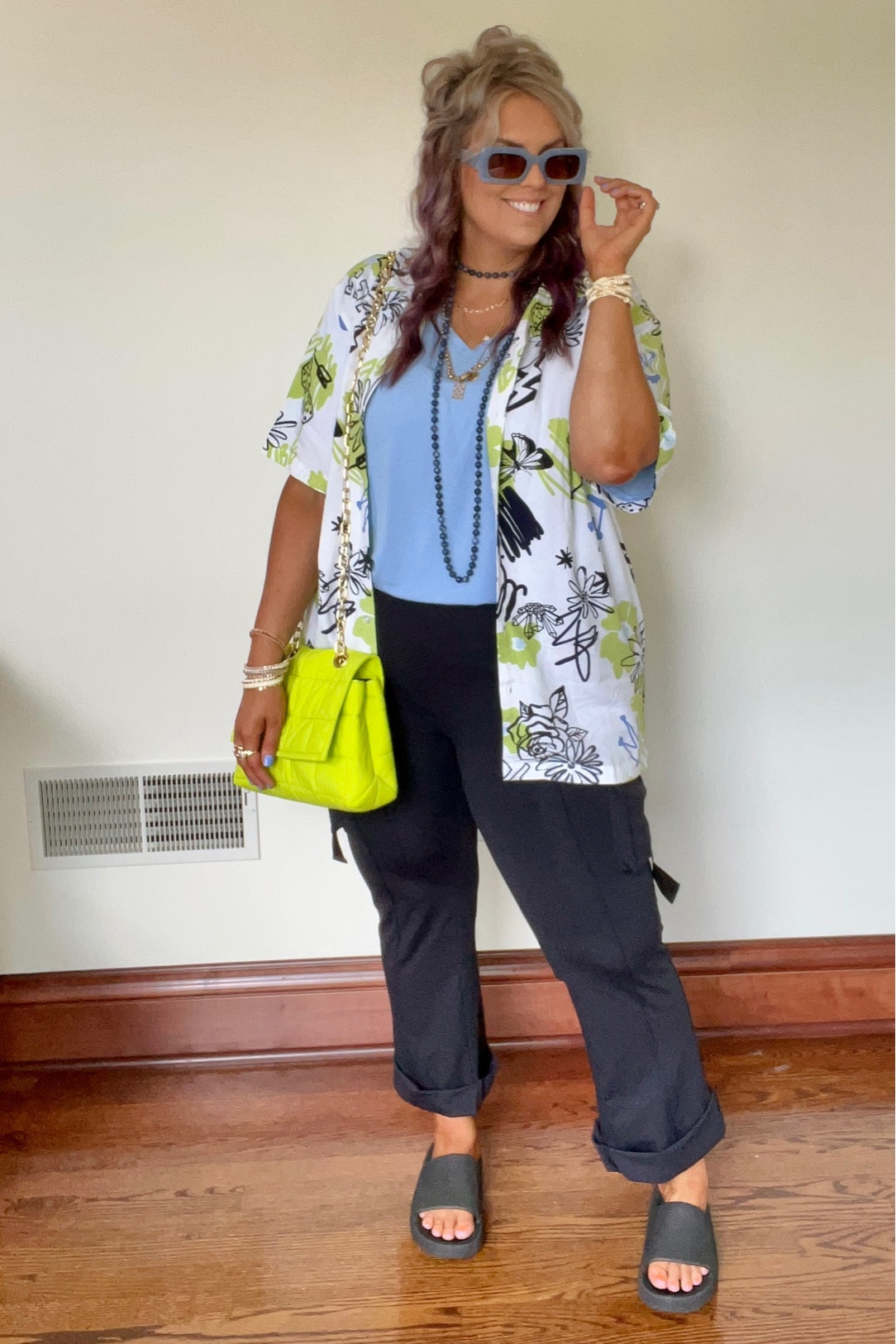 ✨SIZING•PRODUCT INFO✨
⏺ Graphic Print Button Down Shirt with Lime Green & Powder Blue •• Men’s Large •• Walmart 
⏺ Vneck Tunic Short Sleeve Shirt in Powder Blue •• sized up to an XL for an oversized look •• Walmart 
⏺ Pull on Stretch Cargo Flared Leggings in Black •• XL •• TTS •• Halara 
⏺ Lime Green Bag •• linked similar 
⏺ White & Gold Wrap Boho Bracelets •• Victoria Emerson 
⏺ Blue Bead Necklace •• Amazon 
⏺ Black Cloud Slides •• Run Big •• Walmart 
⏺ Powder Blue Sunglasses •• Temu
⏺ Green Hoops •• SHEIN
⏺ Gold & Pearl Rings •• Ettika 

👋🏼 Thanks for stopping by!

📍Find me on Instagram••YouTube••TikTok ••Pinterest ||Jen the Realfluencer|| for style, fashion, beauty and…confidence!

🛍 🛒 HAPPY SHOPPING! 🤩

#walmart #walmartfinds #walmartfind #founditatwalmart #walmart style #walmartfashion #walmartoutfit #walmartlook  #retro #vintage #vibe retro, retro find, retro finds, retro style, retro fashion, retro look, retro vibe, retro outfit, retro outfit inspo, retro inspo, retro outfit inspiration, vintage find, vintage finds, vintage vibe, vintage style, vintage look, vintage inspiration, vintage outfit, vintage outfit inspo, vintage inspo, vintage outfit inspiration, 50’s, 60’s, 70’s, 80’s, 90’s, throwback style, throwback fashion #summer #sunmerstyle #summeroutfit #summeroutfitidea #summeroutfitinspo #summeroutfitinspiration #summerlook #summerpick #summerfashion #green #olive #olivegreen #hunter #huntergreen #kelly #kellygreen #forest #forestgreen #greenoutfit #outfitwithgreen #greenstyle #greenoutfitinspo #greenlook #greenoutfitinspiration #blue #darkblue #lightblue #navy #navyblue #babyblue #cobaltblue #grayblue #teal #tealblue #blueoutfit #blueoutfitinspo #bluestyle #blueshirt #bluepants #blueoutfitinspiration #outfitwithblue #bluelook 
#under10 #under20 #under30 #under40 #under50 #under60 #under75 #under100
#affordable #budget #inexpensive #size14 #size16 #size12 #medium #large #extralarge #xl #curvy #midsize #blogger #vlogger
budget fashion, affordable fashion, budget style, affordable style, curvy style, curvy fashion, midsize style, midsize fashion

#LTKcurves #LTKstyletip #LTKunder50