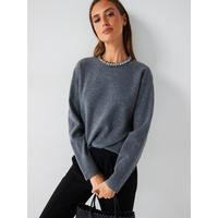Embellished Neckline Crew Neck Jumper with Wool  - Grey | Very (UK)