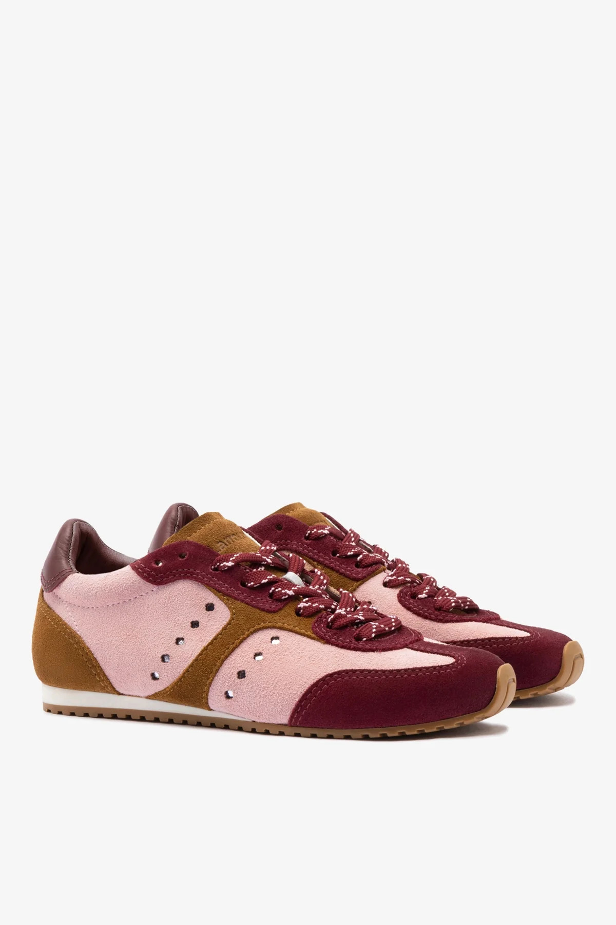 Stella Sneaker In Tulip, Russet and Wine Suede and Silver Metallic Leather | Larroude