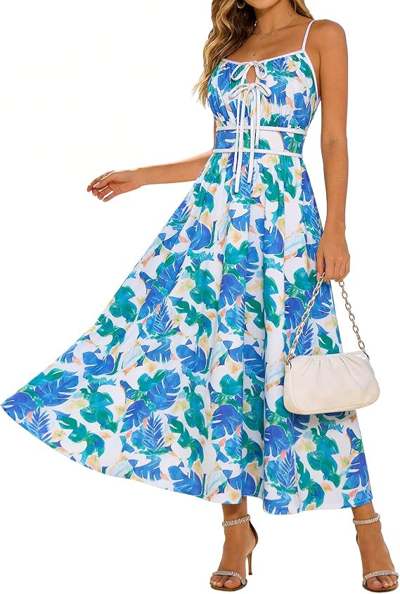 GRACE KARIN 2026 Women's Summer Maxi Floral Dress, Spaghetti Strap Tie Front Boho Sundress with P... | Amazon (US)