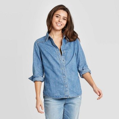 Women's Long Sleeve Button-Down Western Denim Shirt - Universal Thread™ Medium Wash | Target