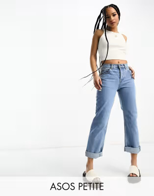 ASOS DESIGN Petite mid rise '90's' straight leg jeans in vintage lightwash | ASOS (Global)