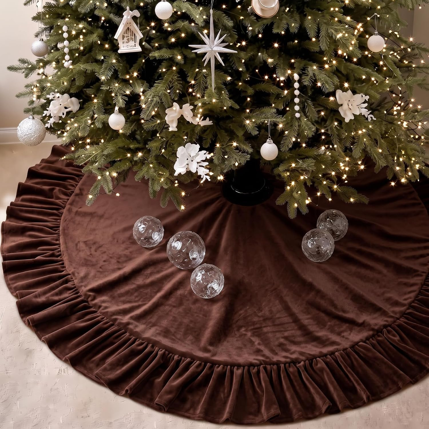 Velvet Christmas Tree Skirt, 60 Inches, Bow Style, Brown | Amazon (US)