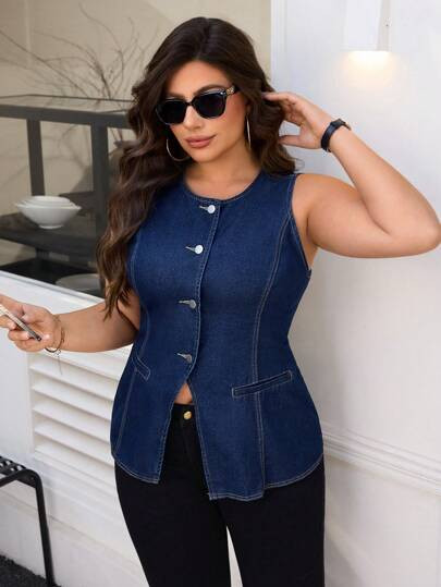 SHEIN Essnce Plus Size Casual Sleeveless Button Front Denim Shirt SKU: sz2410254158460557







... | SHEIN