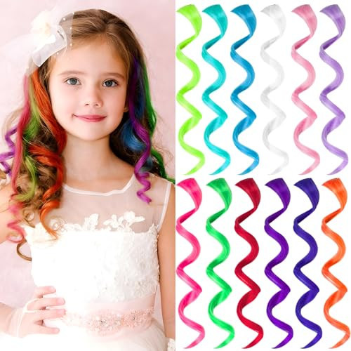 Olldag 12 PCS Colored Hair Extensions for Kids, Curly Wavy Synthetic Hairpieces Clip in Rainbow Neon Party Highlights, Colorful Hair Accessories for Girls Women 17 Inch (Multi-color Set) | Amazon (US)
