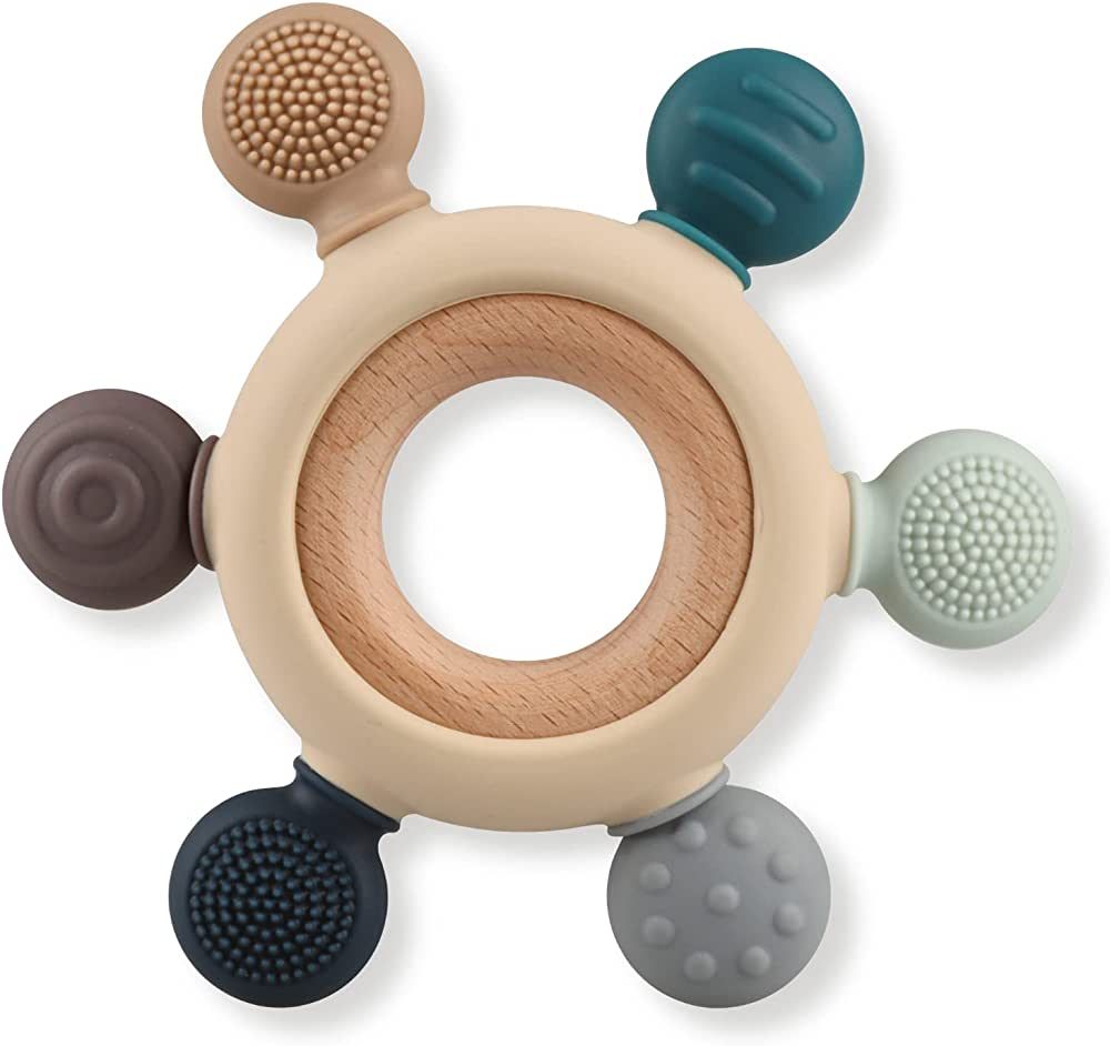Baby Teething Toys, Silicone Chewable Rings with Organic Wooden, Natural Wooden Ring & Silicone T... | Amazon (US)