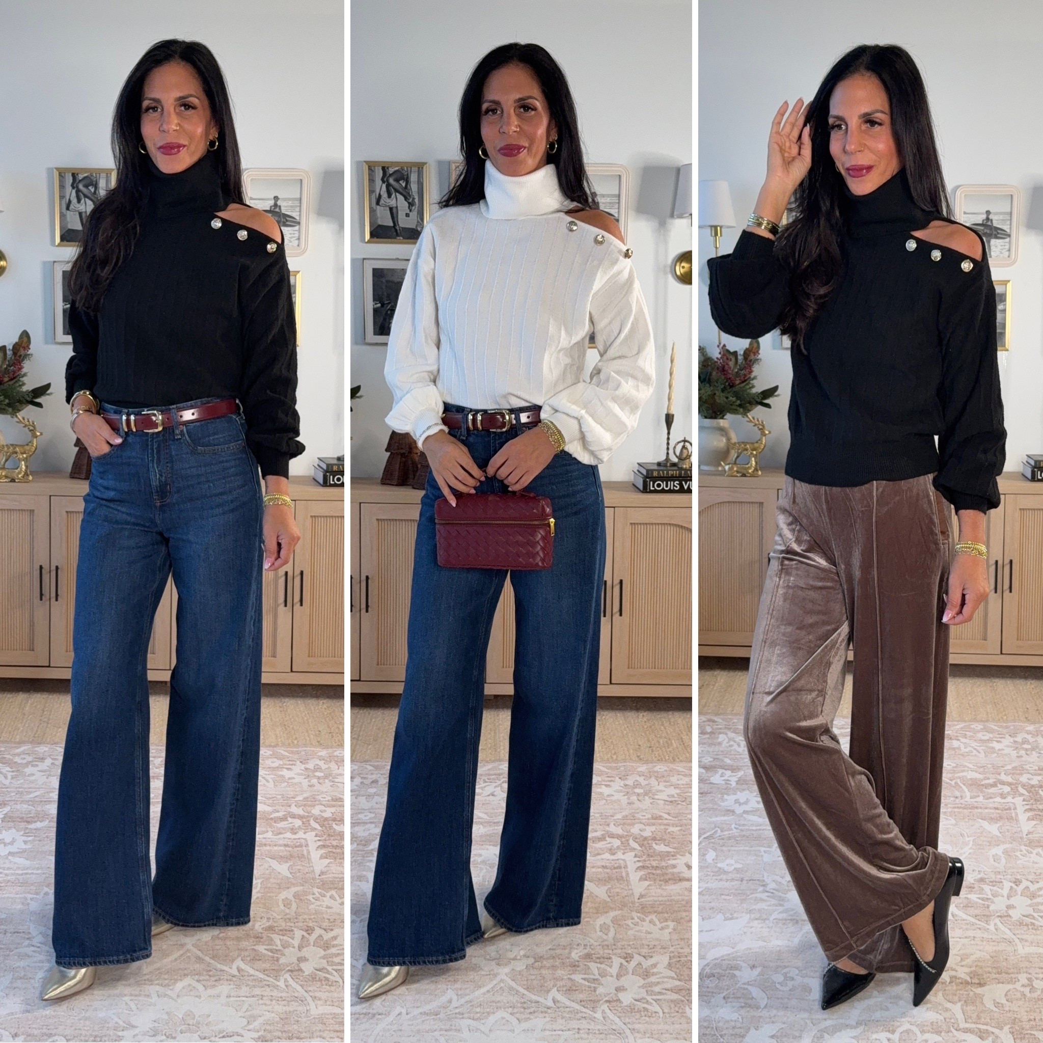 This cold-shoulder top is so good — super affordable, soft, and comfortable with the cutest button detail. Pairs perfectly with velvet pants for the holidays or classic denim for an elevated everyday look.
Denim- 2 long 
Sweater- small 
Velvet Pants - small 
Walmart looks 

#LTKU #LTKHoliday #LTKOver40