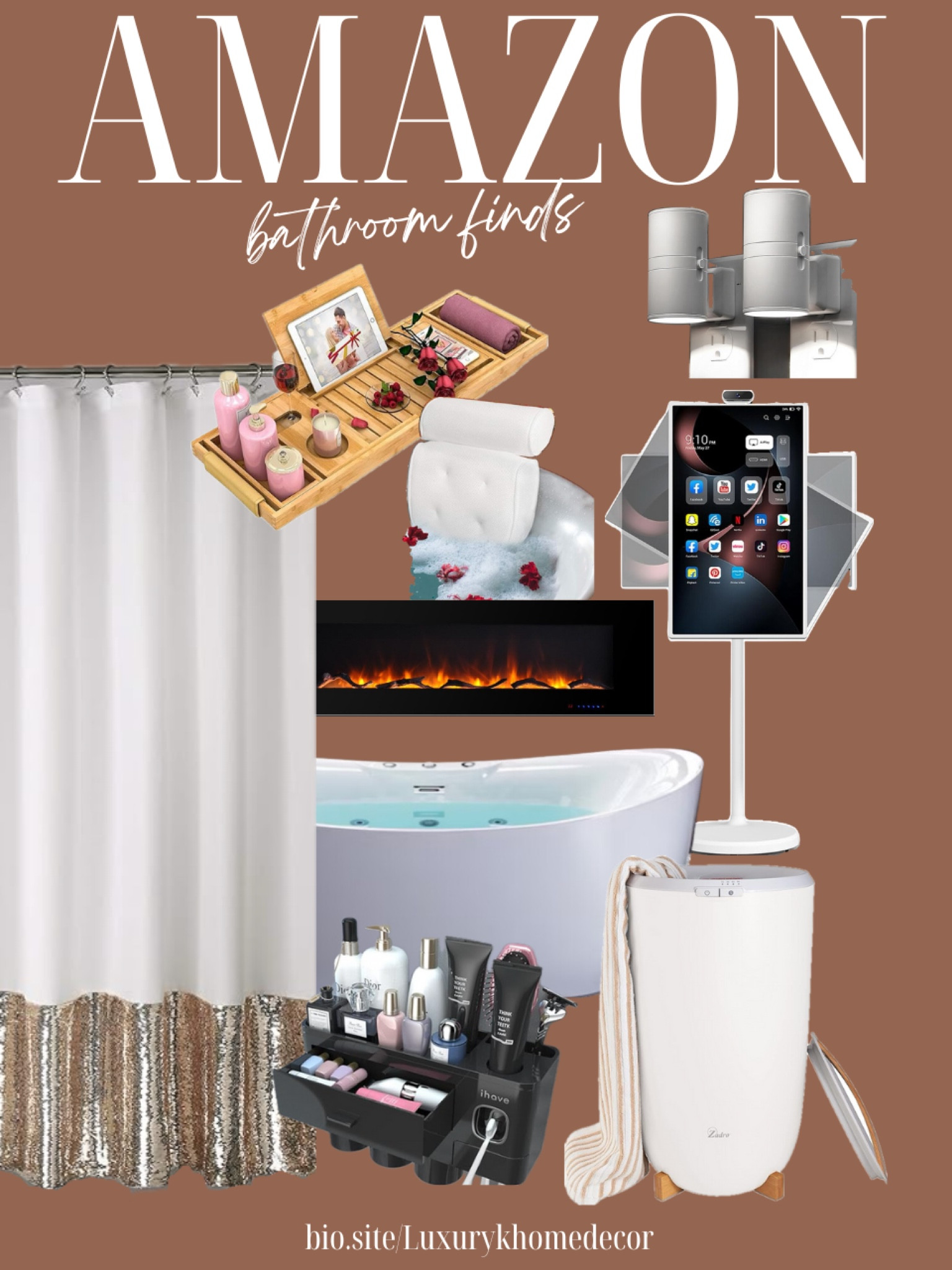 Amazon bathroom finds.. Elevate your bathroom as your personal spa! Find yourself relaxing in a tub of bubble, candles lit, watching a movie or show on a TV monitor. And hearing the sounds of a wall mounted fireplace that's gorgeous to look at as you soaking. One word "PEACEFUL" 💞🙌🏾🧖🏾‍♀️🛀🏾🫧


#LTKfamily #LTKhome #LTKVideo