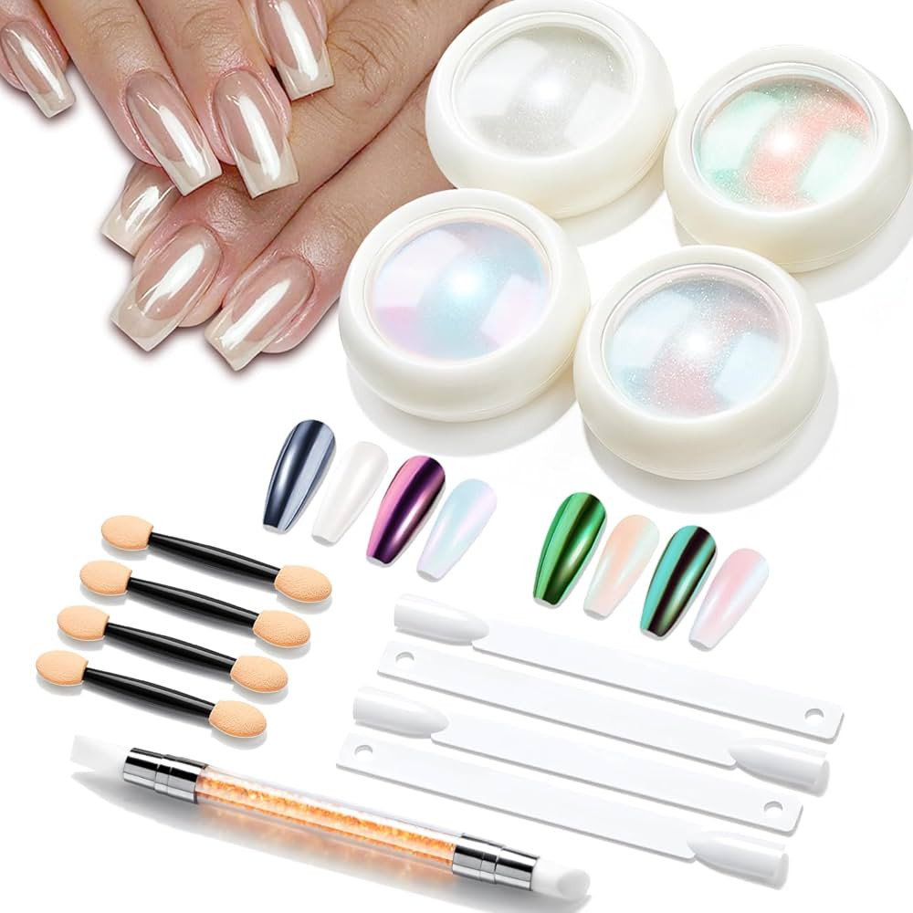 modelones Chrome Nail Powder, 4 Colors Magic White Mermaid Pearl Chrome Powder for Nails with Too... | Amazon (US)
