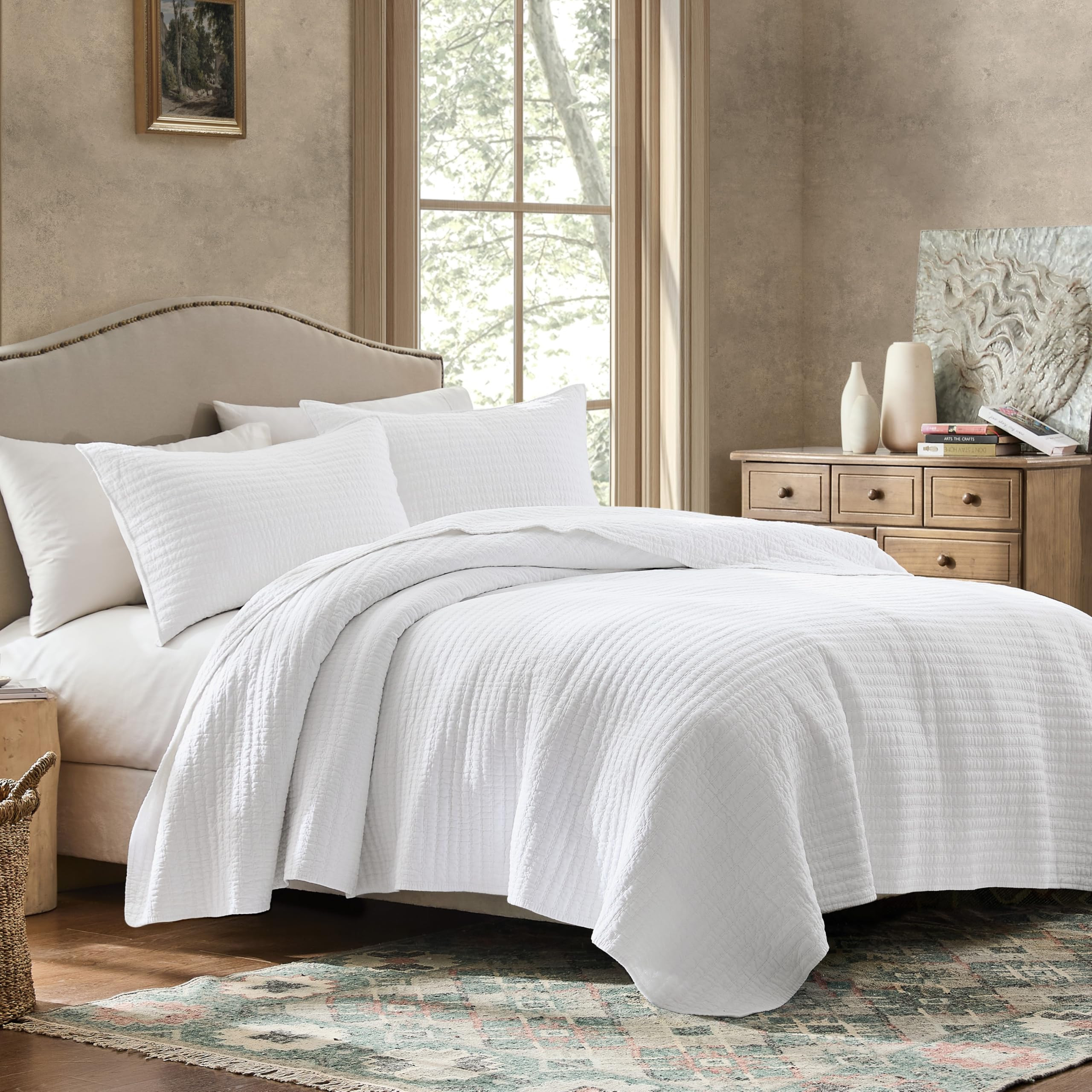 WDCOZY 100% Cotton Queen Size Quilt Set - White Striped Pick Stitch Soft Lightweight Bedspread, T... | Amazon (US)