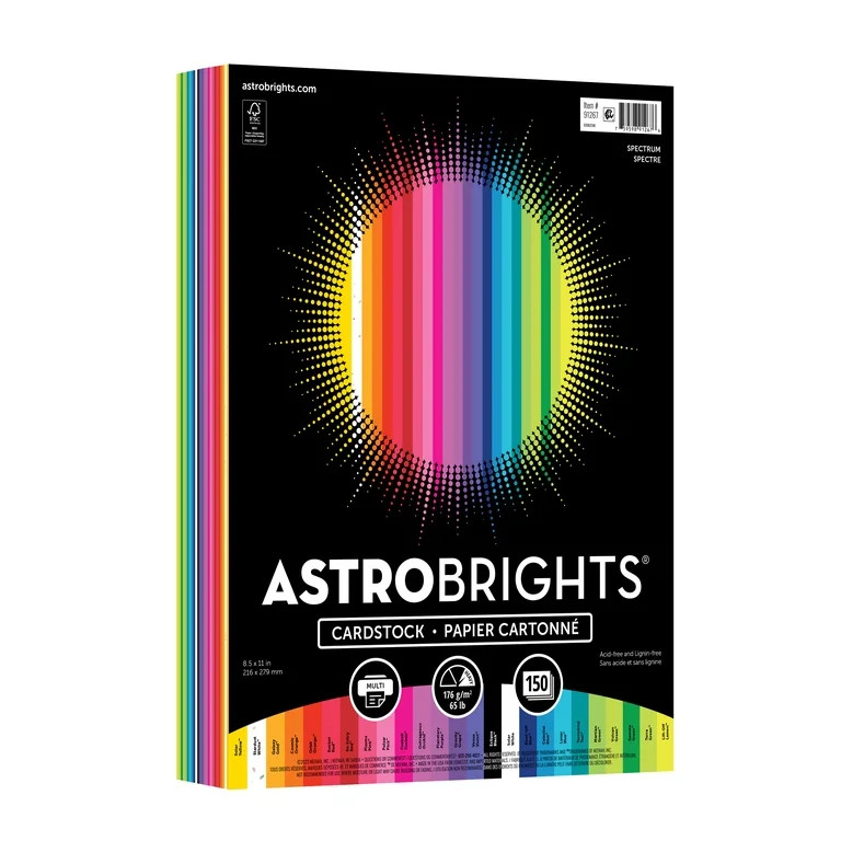 Astrobrights Spectrum Cardstock Paper, 65 lbs/176 Gsm, 8.5" x 11", 25 Assorted Colors, 150 Sheets | Walmart (US)