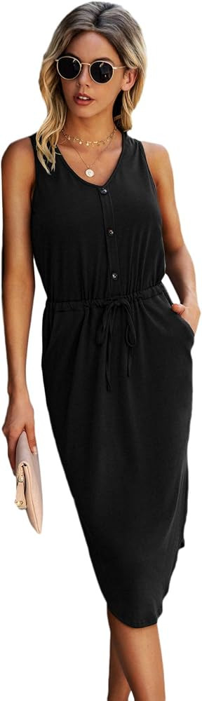 SweatyRocks Women's Sleeveless Adjustable Waist Button Midi Dress with Pocket | Amazon (US)