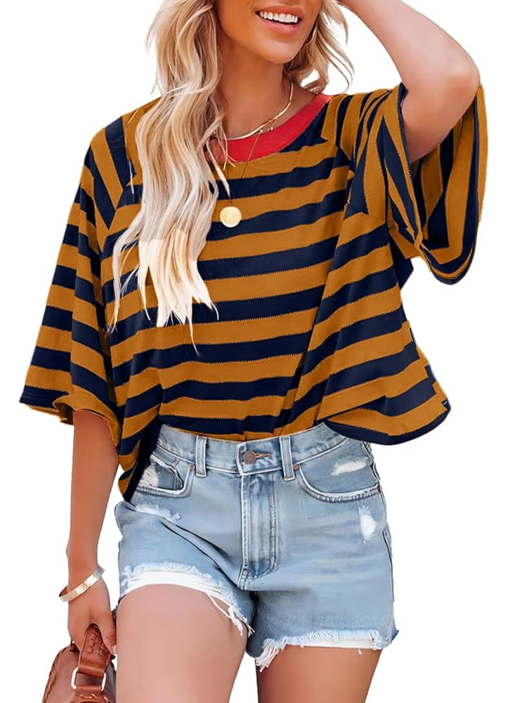 IWOLLENCE Women's Loose Casual Summer Striped Tops Crewneck 1/2 Short Sleeve Color Block Tee Over... | Amazon (US)