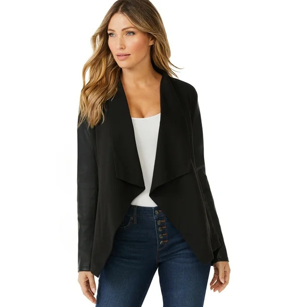 Sofia Jeans by Sofia Vergara Women's Drape Front Jacket with Faux Leather Sleeves - Walmart.com | Walmart (US)