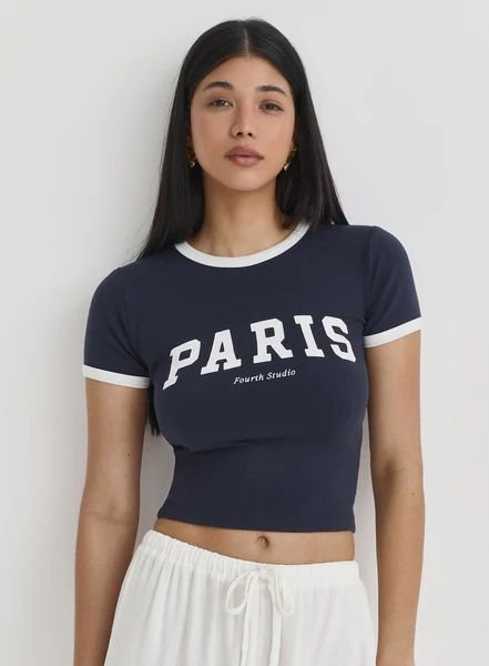 Navy Paris Slogan Baby Tee- Livv | 4th & Reckless