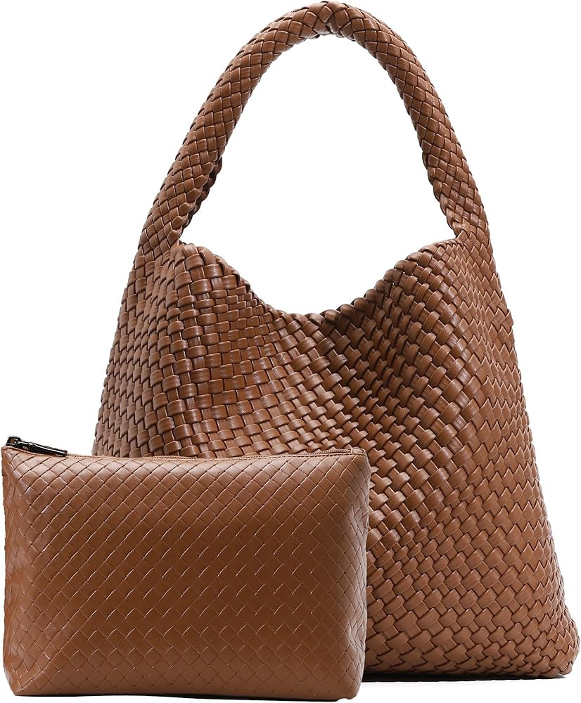 Large Woven Tote Bag for Women with Purse Fashion Shoulder Hobo Underarm Bags Woven Soft Vegan Le... | Amazon (US)