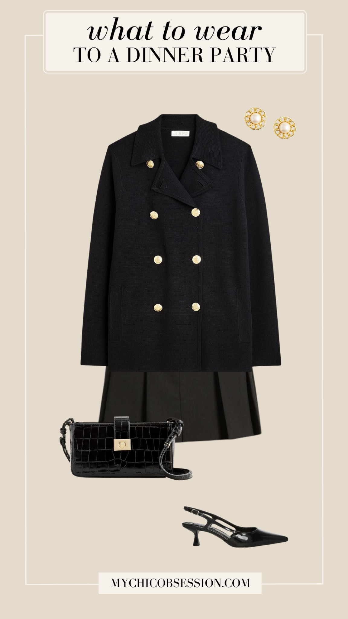 Swap out a fall dress for a coordinating pleated mini skirt and double-breasted blazer jacket. Add a croc-embossed bag, slingback heels and gold studs for the perfect holiday look.

#LTKHoliday #LTKSeasonal #LTKParties