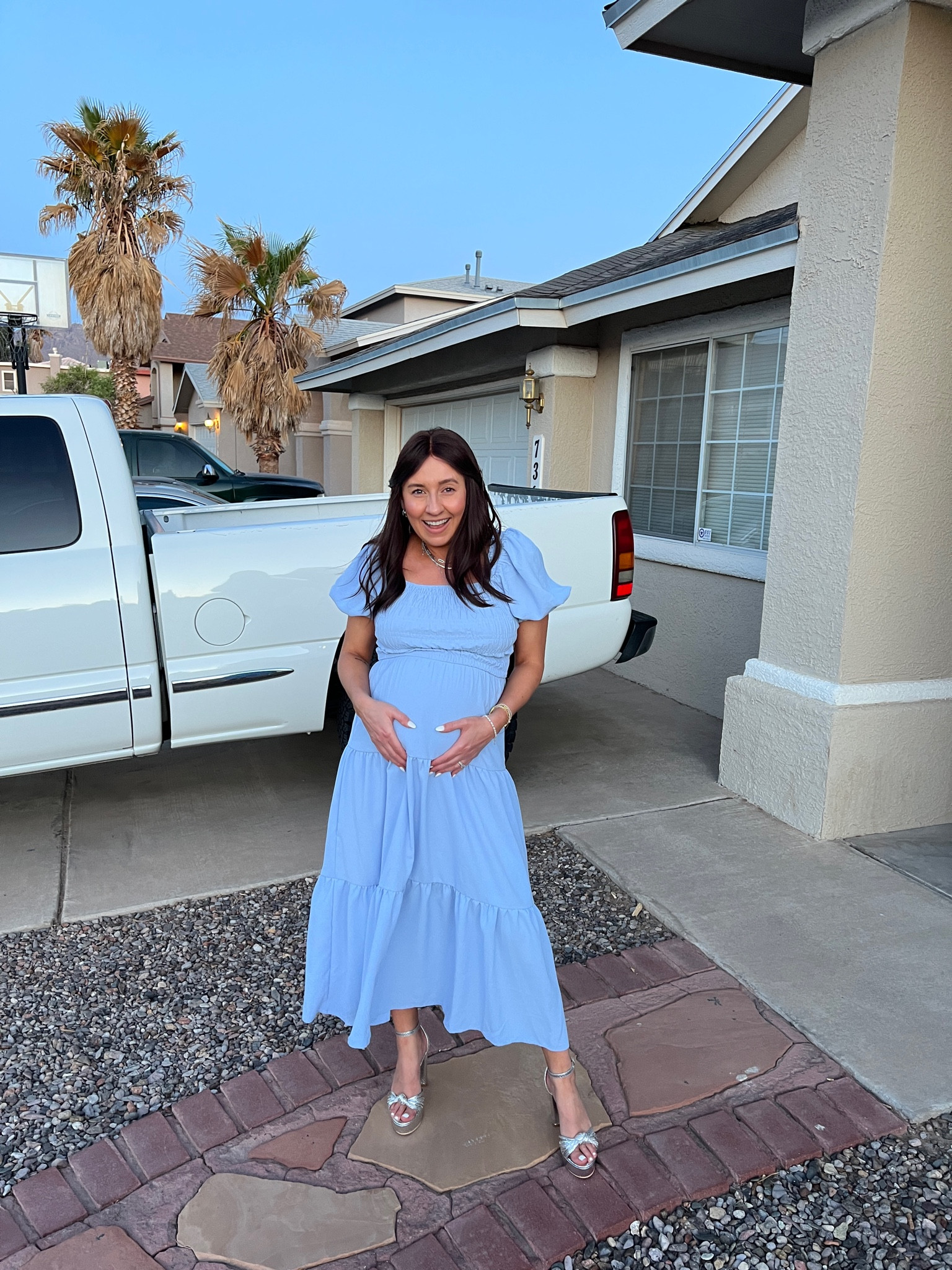 I am wearing a medium in the dress and am currently 6 months pregnant.

The heels are a size 7 and I normally wear a 6.5 but the heels only come in whole sizes, so so size up if you are in between. 

These heels were so comfy and are the perfect affordable dupe.

Wedding guest dress

Maternity

Maternity dress

Pregnancy style

Maternity style 

Summer outfit 

Platform heels

Summer heels 

Vacation outfit 

Summer dress

Baby Shower Dress

#LTKfindsunder100 #LTKbump #LTKshoecrush