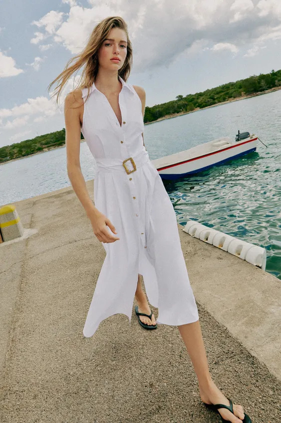 BELTED POPLIN MIDI DRESS | Zara US