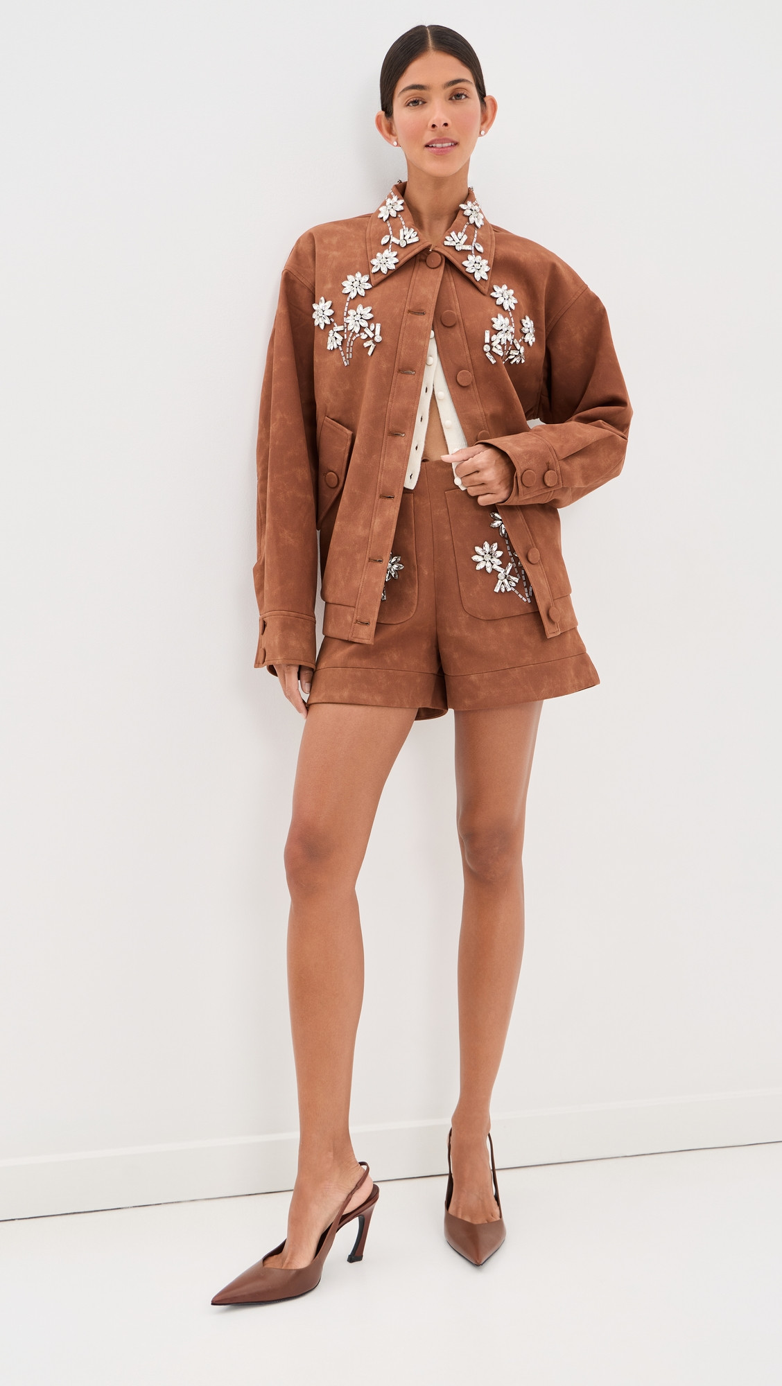 Leo Lin Tessa Embellished Vegan Suede Shorts Chestnut 6 | Shopbop
