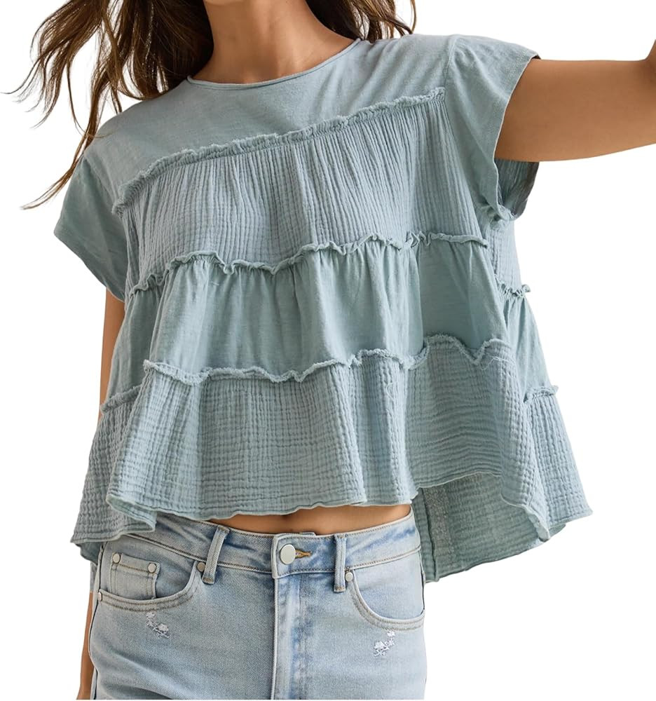 Peplum Tops for Women Crew-Neck Ruffled Bobydoll Tunic Tank Shirts Casual Loose Fit Summer Outfit... | Amazon (US)