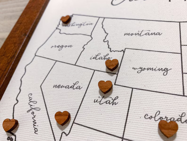 Push Pin Map, with 50 Wooden Heart Map Pins, Anniversary Gift, Track Travels, USA Custom Map Pers... | Etsy (US)