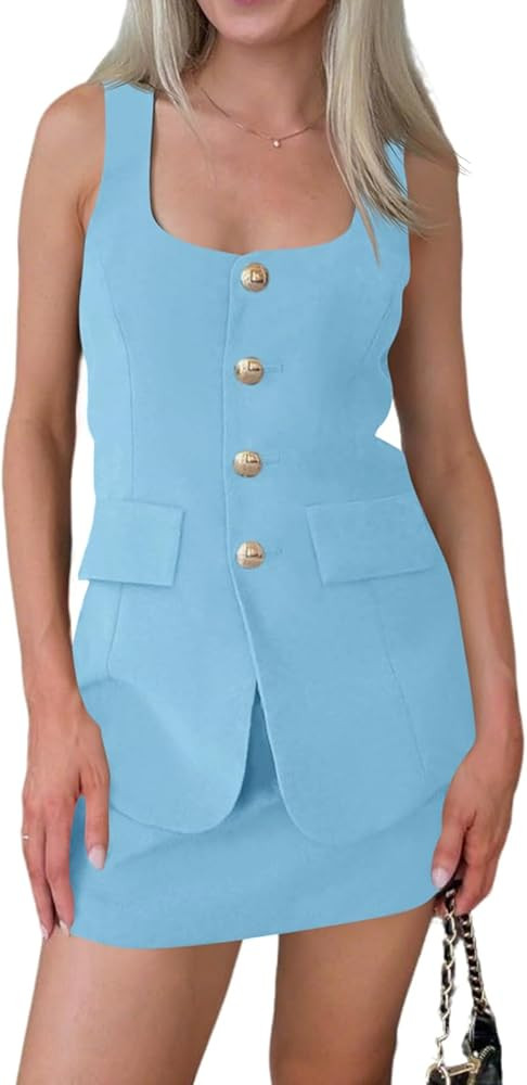 Cicy Bell Womens Summer 2 Piece Outfits Sleeveless Scoop Neck Fitted Blazer Vest Matching Set Min... | Amazon (US)