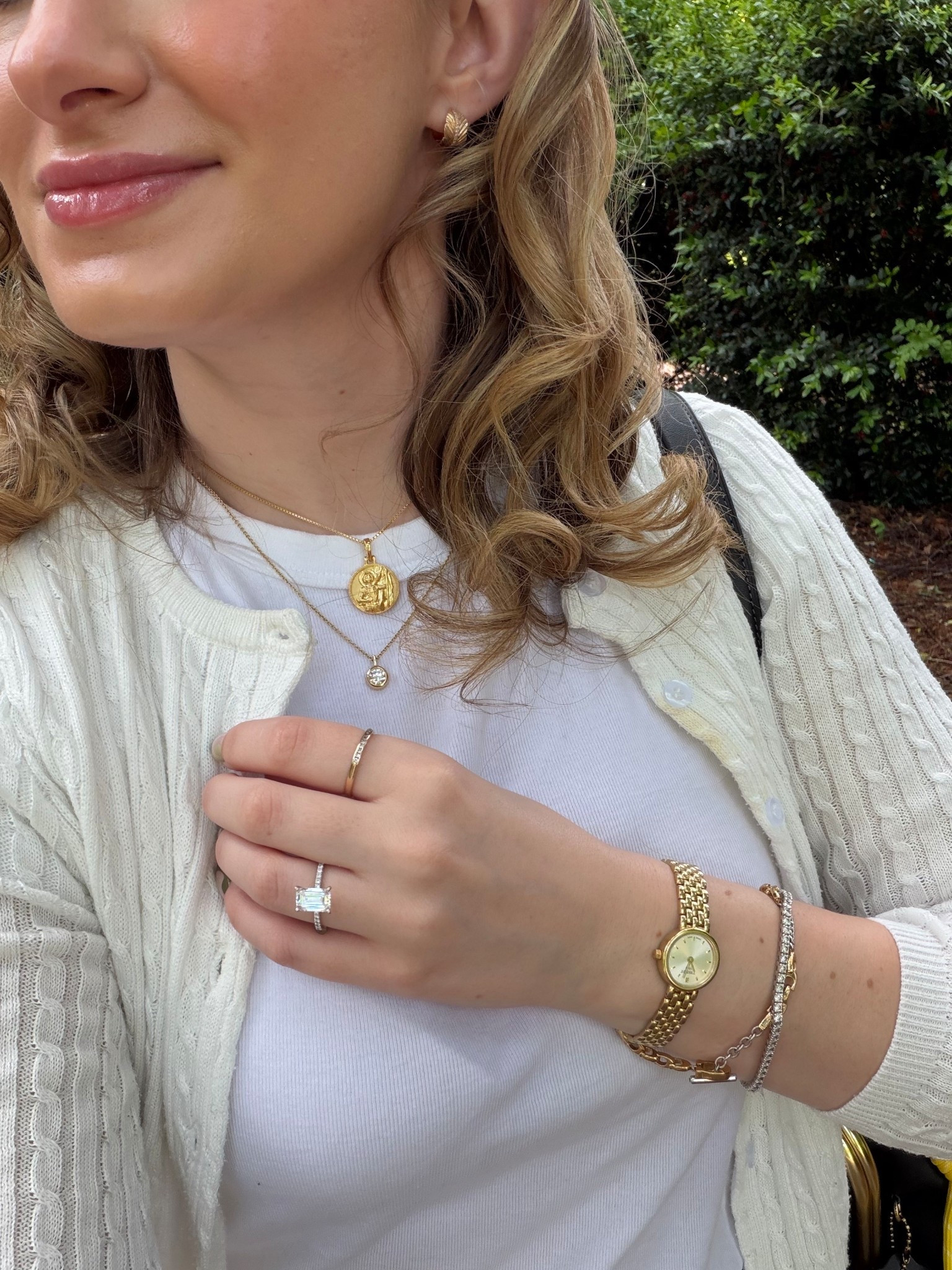 Jewelry of the day ♥️
Tissot lovely 19.5mm watch
Coach bracelet
Tennis bracelet 
Bezel diamond necklace 
Awe inspired Joan of arc pendant necklace 