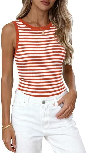 PRETTYGARDEN Summer High Neck Striped Tank Tops for Women Casual Sleeveless Sweaters Basic Ribbed... | Amazon (US)