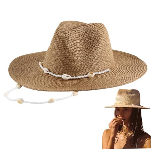 Womens Sun Hat with Seashell Beaded Chain Wide Brim Hats for Women Sun Protection Straw Hat for Summer Beach Seaside Picnic Camping Hiking, Khaki, Beach Hats for Women, Wide Brim Hats for Women | Amazon (US)