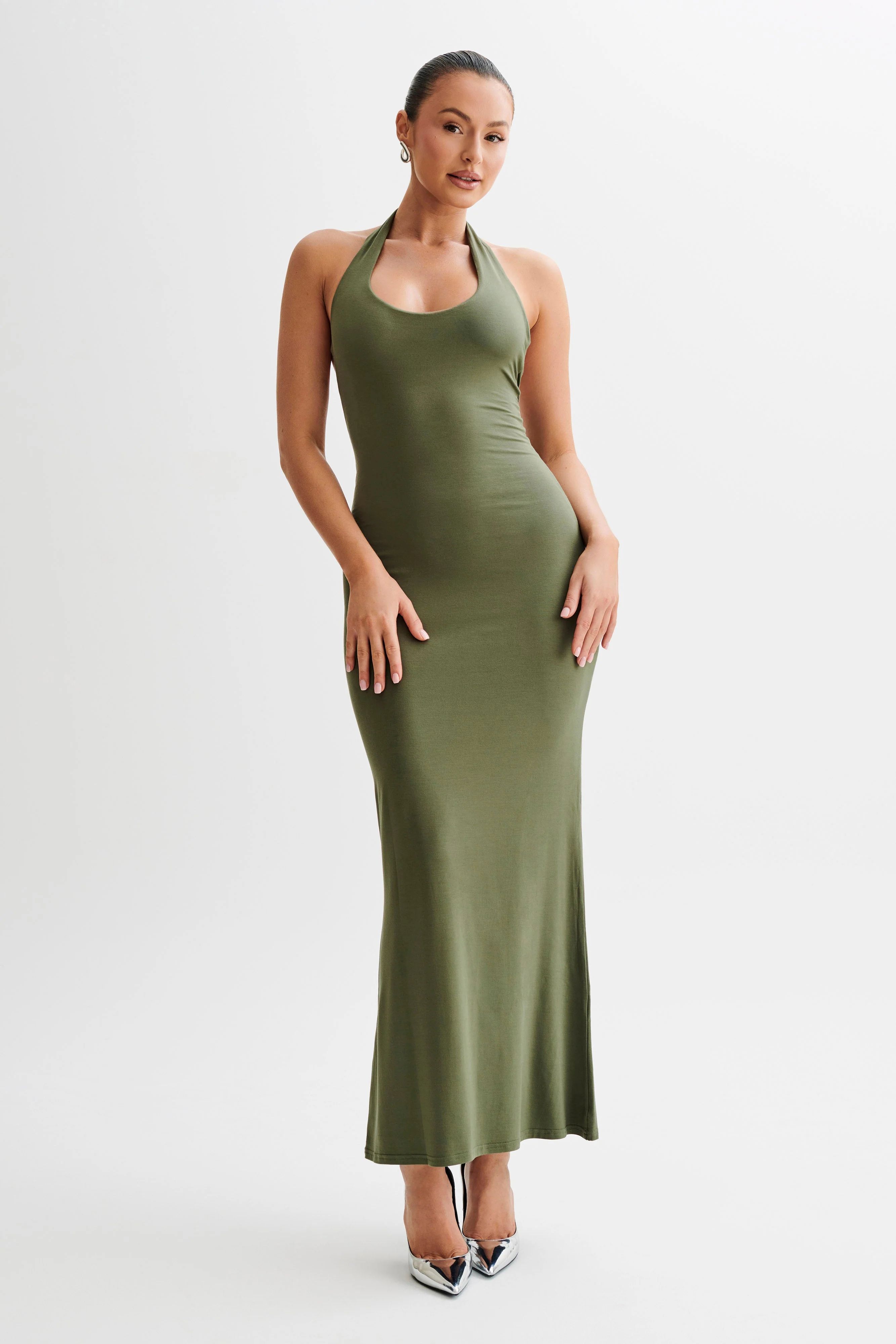 Jessica Modal Halter Maxi Dress - Military Olive | MESHKI US