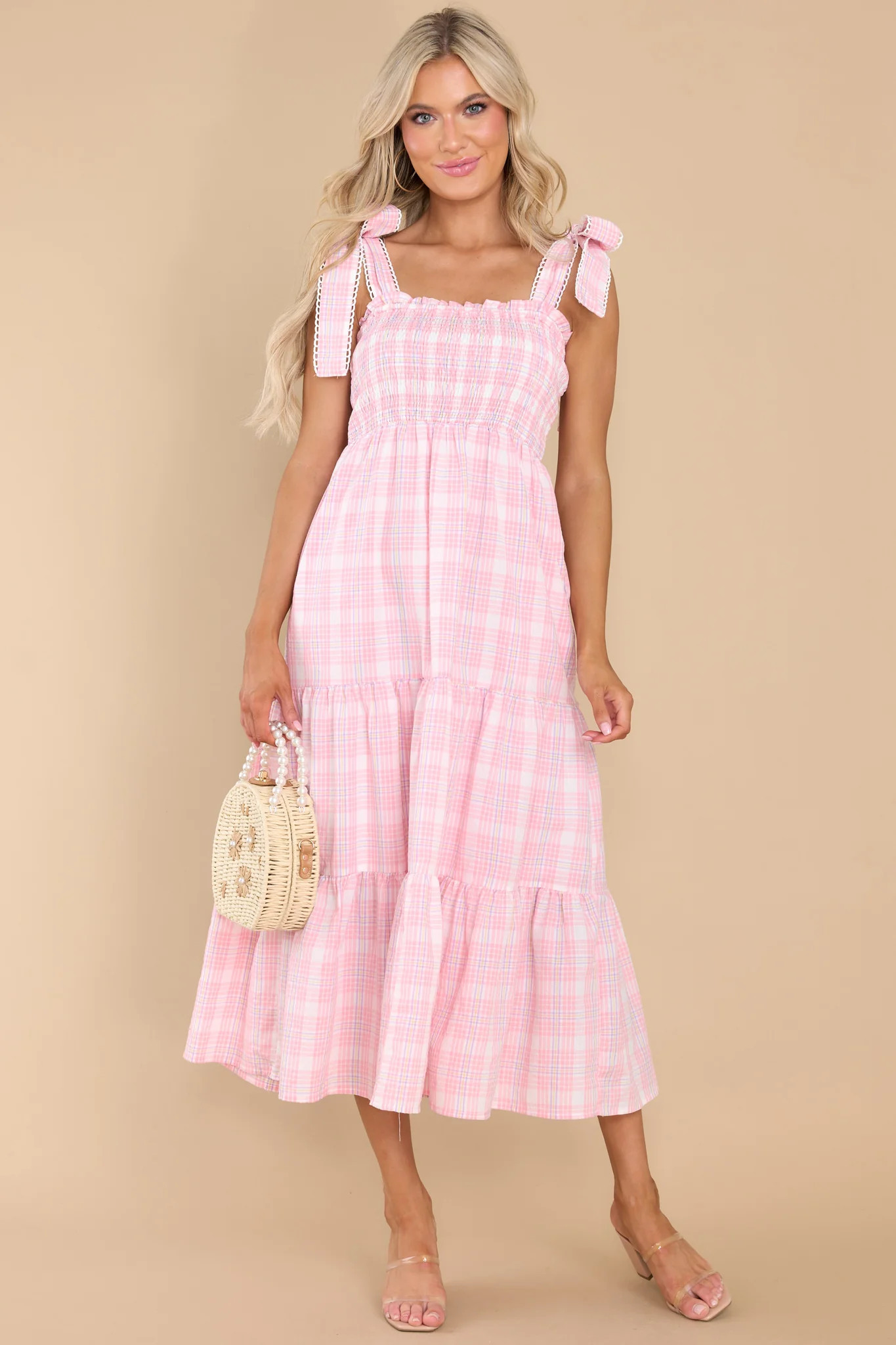 Elegant Darling Pink Gingham Midi  Dress | Red Dress 