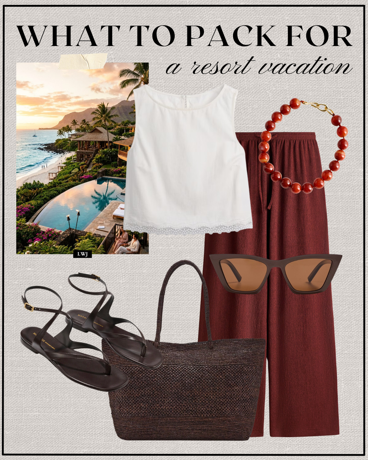 resort vacation outfit 

travel outfit / beach outfit / summer vacation / white boxy tank / red wide leg pull on pants / cat eye sunglasses / beaded chunky necklace / strappy sandals / chocolate brown woven tote  

 

#LTKTravel