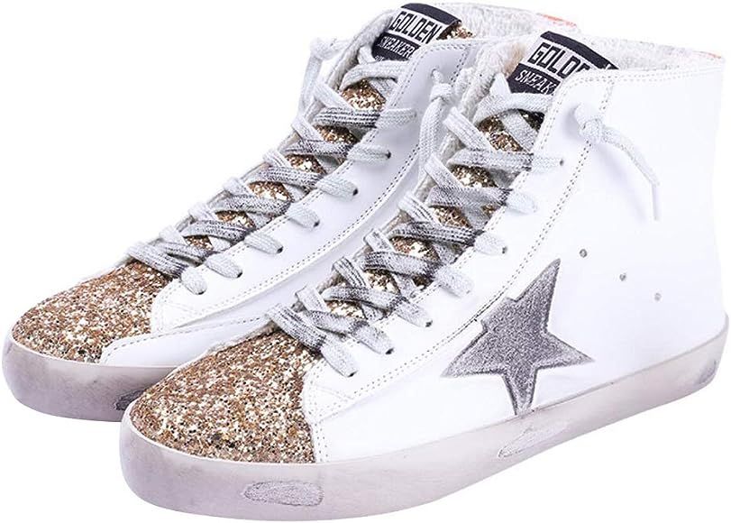 Women's Flat Sneakers High Top Glitter Fashion Star Lace up Casual Shoes Wide Width | Amazon (US)