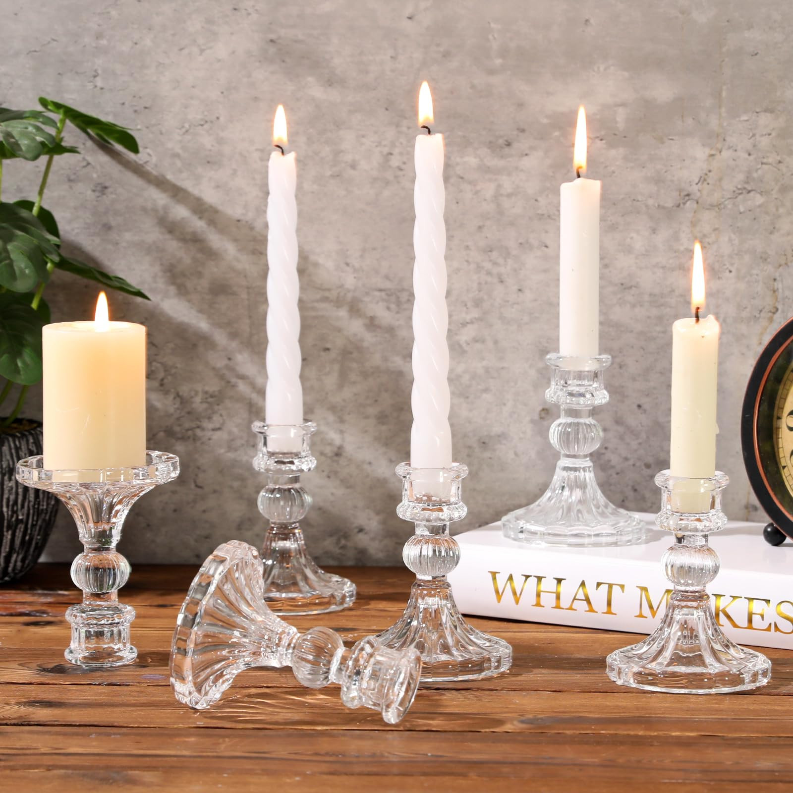 6 Pcs Clear Glass Taper Candle Holders – 4" Ribbed Candlestick Holders for Standard Candles | E... | Amazon (US)