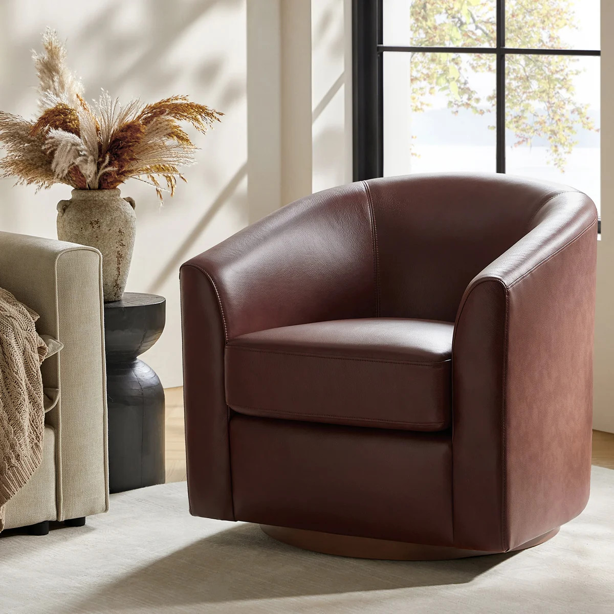 Amiir 30.5'' Wide Genuine Leather Swivel Barrel Chair with Solid Wood Base | Wayfair North America