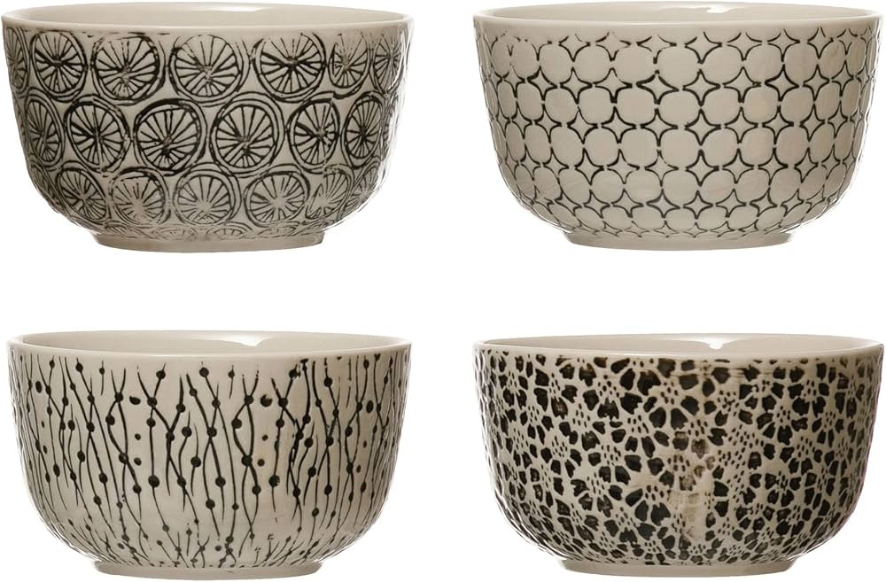 Creative Co-Op Hand-Stamped Stoneware Bowl with Embossed Pattern, Black & Cream Color, 4 Styles D... | Amazon (US)