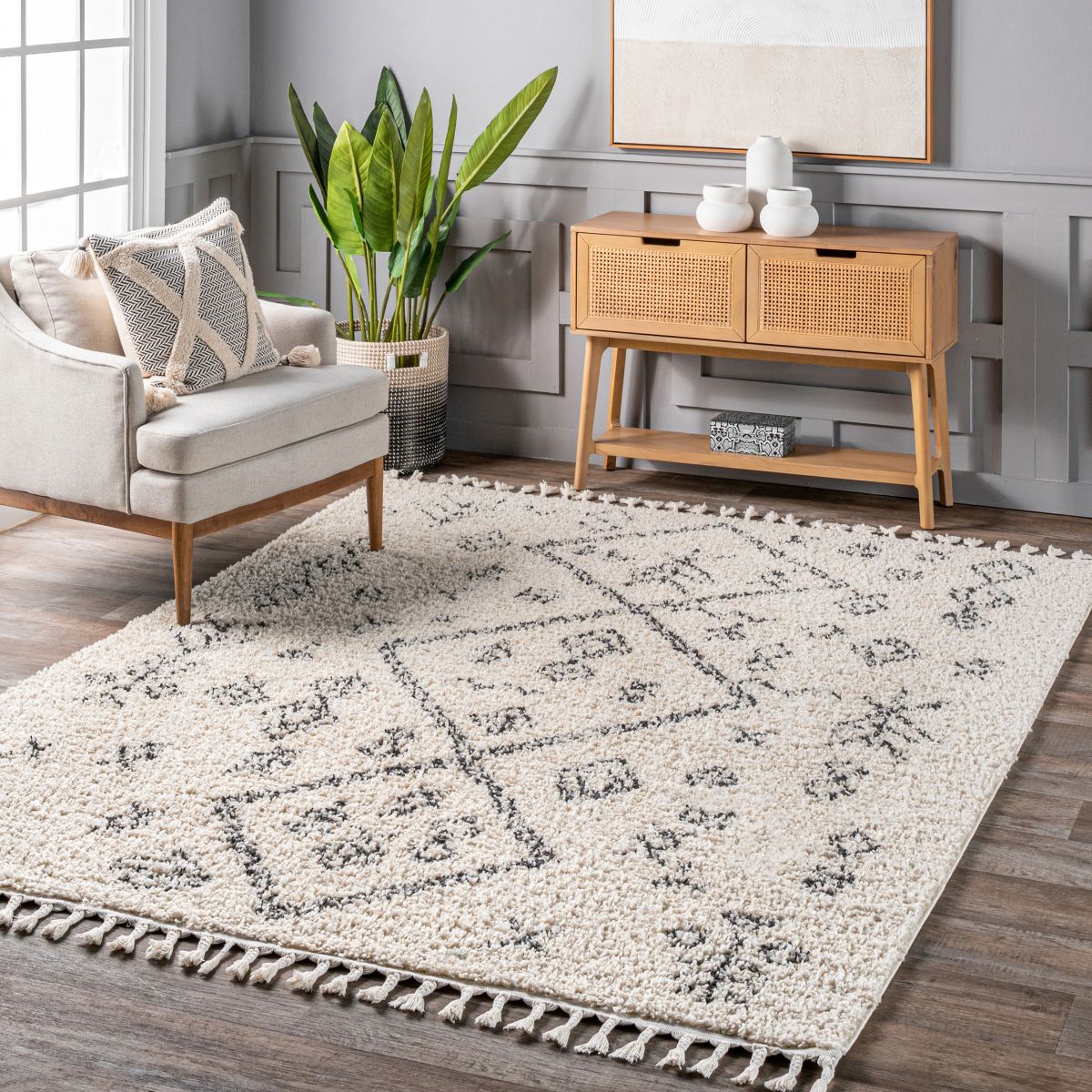 Off White Moroccan Tribal Abstract Tassel 9' 2" x 12' Area Rug | Rugs USA