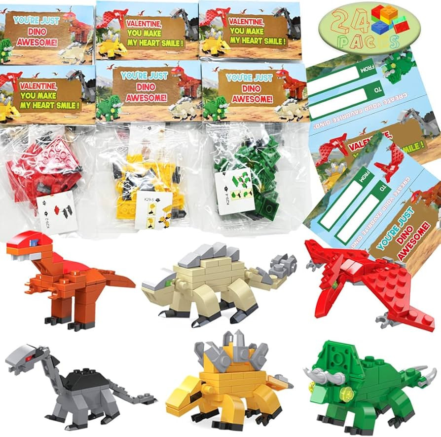 WODMAZ 24 Packs Valentines Day Cards with Dinosaur Building Blocks, Valentines Dinosaur Toys Set ... | Amazon (US)
