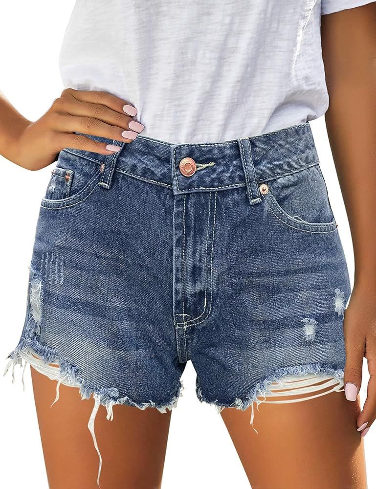 luvamia Women Casual High Waisted Denim Shorts Frayed Raw Hem Ripped Jeans Shorts | Amazon (US)