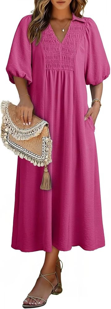 Dokotoo Summer Dresses for Women 2026 Casual Dresses V Neck Puff Sleeve Empire Waist A-Line Maxi ... | Amazon (US)