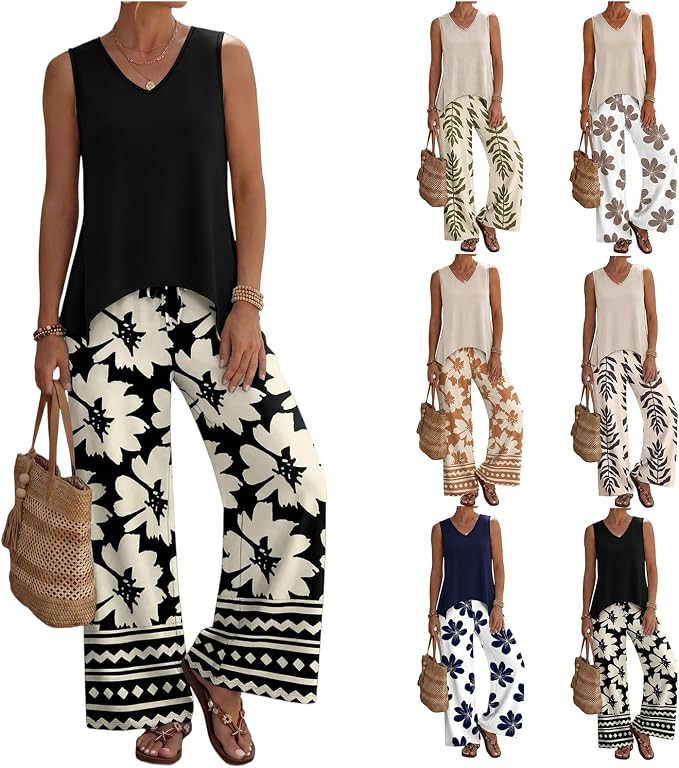 Two Piece Sets for Women Dressy Lounge Sets Cruise Travel Outfits Tank Top Wide Leg Pants Beach V... | Amazon (US)