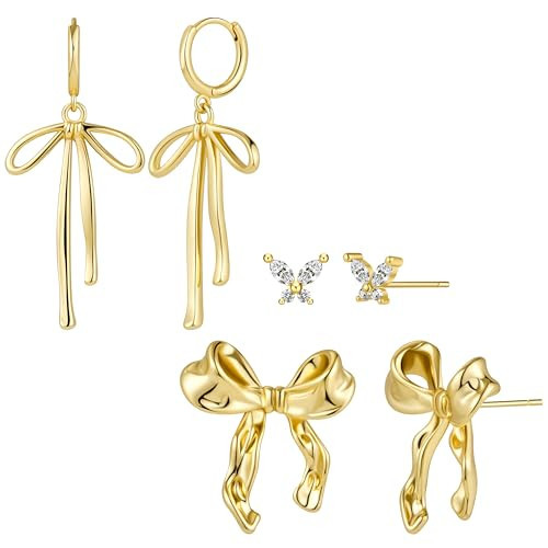 Poxtex Gold Bow Earrings Set for Women, Cute Hypoallergenic Studs Dangle Hoops for Sensitive Ears, 3 Pairs Small Bow Jewelry Gifts | Amazon (US)