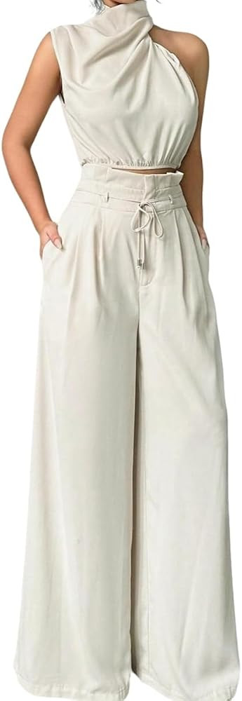 2 Piece Sets for Women Sleeveless Crop Top and Wide Leg Pants Going Out Outfits | Amazon (US)