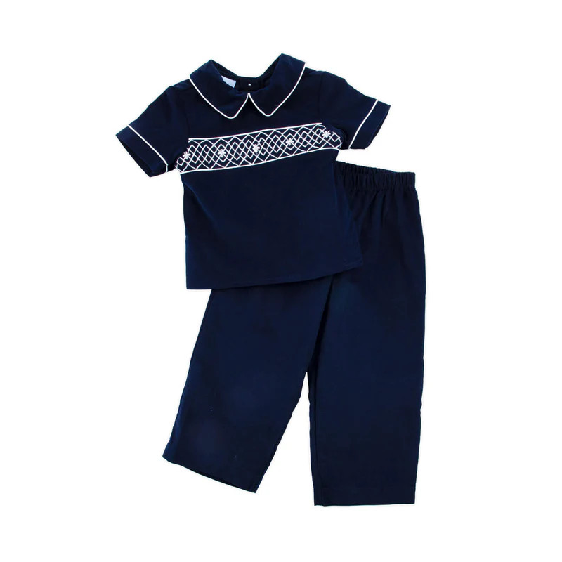 Navy Corduroy Smocked Collared Pant Set | Classic Whimsy