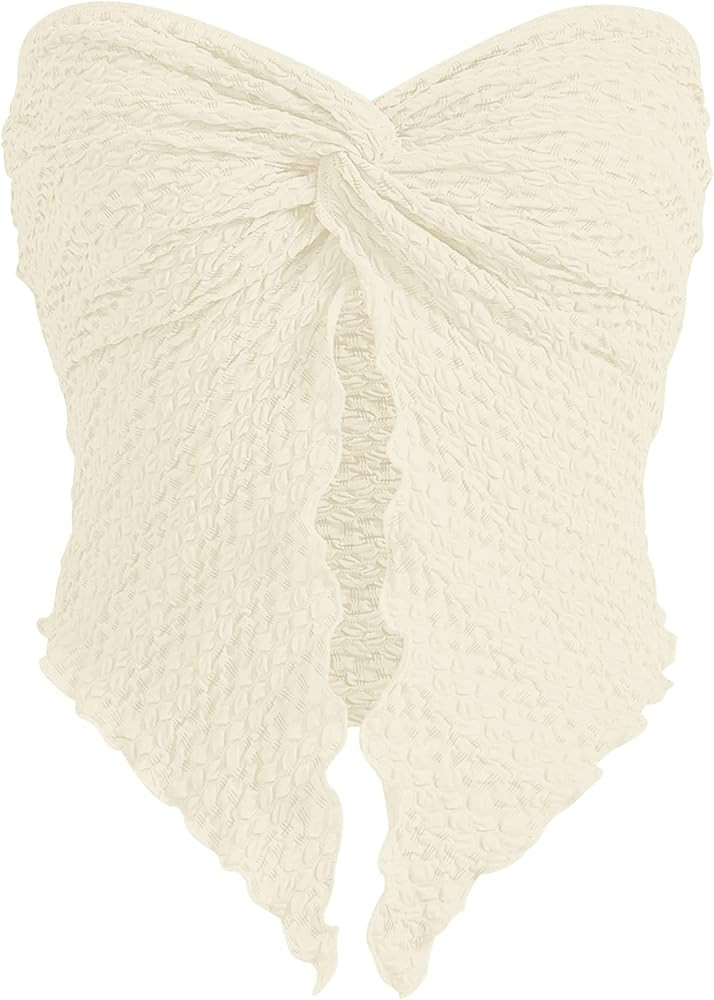 MISSACTIVER Women Twist Knot Front Texture Bandeau Top Sexy Strapless Sleeveless Split Hem Lettuc... | Amazon (US)